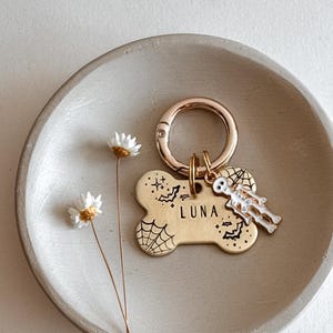 May include: A gold-colored dog tag in the shape of a bone, with the name "LUNA" engraved. The tag features Halloween-themed designs, including bats and spiderwebs. A small skeleton charm is attached to the tag.
