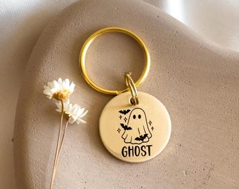 Custom Dog Tag — Laser Engraved Pet ID Tag — Halloween Dog Tag — Brass Dog Tag — Ghost Design