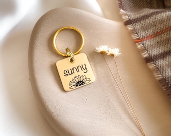 Custom Dog Tag — Laser Engraved Pet ID Tag — Sunflower Dog Tag — Brass Dog Tag