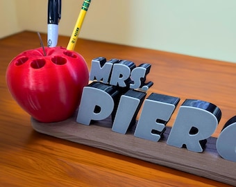 Custom 3D Teacher Desk Name Plate with Pencil Pen Holder, Back to School Appreciation Red Apple Storage, Personalized Gift, Table Sign Décor