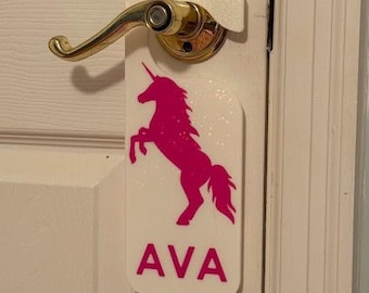 Unicorn Door Handle Sign, Customized Name Door Tag, Girl's Room Entrance Hanging Nameplate, Door Knob Pink White Custom Sign Sparkle Glitter