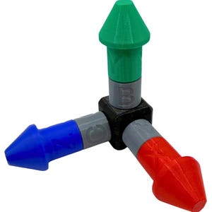 May include: A 3D-printed coordinate system model with three axes. The axes are colored blue, red, and green, with gray connectors. The base is black, and the green axis has a pointed top. The model is designed for educational or scientific purposes.