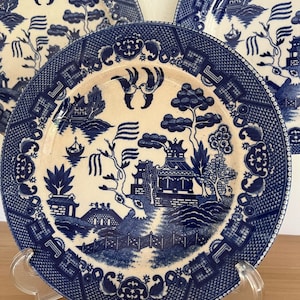 Vintage Blue Willow Transferware by Churchill, Johnson Bros & Unmarked Blue Willow Plates, Bowls, Cup and Saucer |Grandmillenial Décor