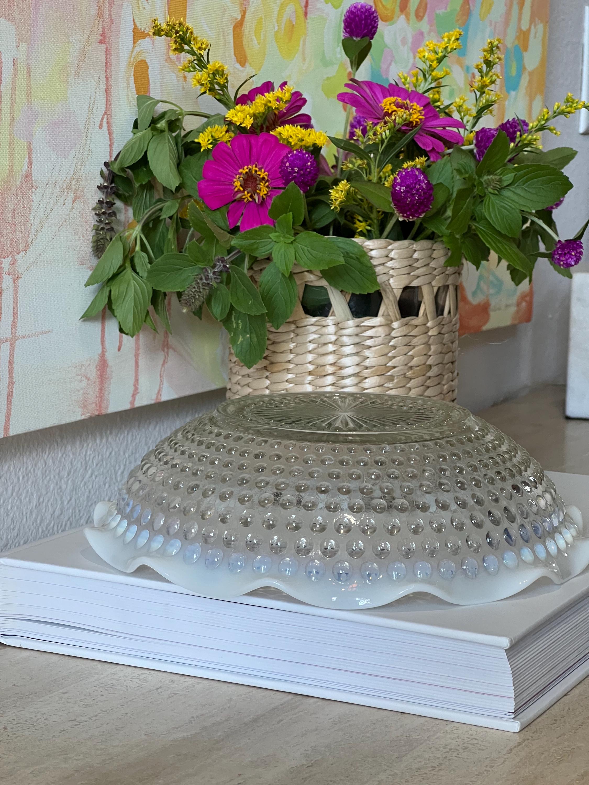 1940's Moonstone Opalescent Hobnail Glass 9 Inch Round Dish