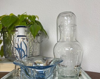 Vintage Tumble Up Bedside Water Carafe & Tumbler Set with Etched Floral Design | Elevate your guest room or bedside table.