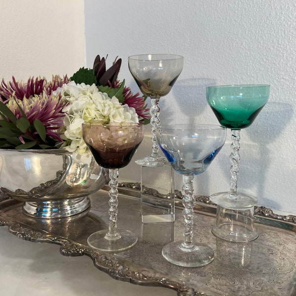 Antique Jewel Tone Multi-colored Wine or Liquor Glasses | Set of 4 |Barely Twist Stems