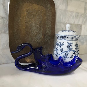Vintage Large Hand Blown Blue Art Glass Swan | MCM Glass Swan | Carnival Glass Swan | Swan Planter, Swan Dish, Swan Serving Piece