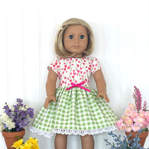 18 inch Doll Spring/Summer Dress | 18 inch Doll Tulip and Green Checked Dress |