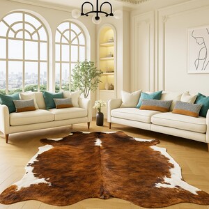 May include: A living room scene featuring two cream-colored sofas with teal and patterned throw pillows. A large brown and white cowhide rug covers the floor. The room has large arched windows and a modern chandelier.