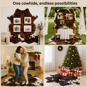 May include: A collage showcasing a cowhide rug in various settings. The rug, with its brown and white pattern, is used as a wall hanging with framed photos, as a floor covering for a dining setup, and as a rug in a living room and near a Christmas tree.