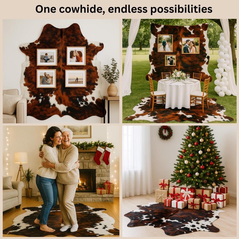 May include: A collage showcasing a cowhide rug in various settings. The rug, with its brown and white pattern, is used as a wall hanging with framed photos, as a floor covering for a dining setup, and as a rug in a living room and near a Christmas tree.