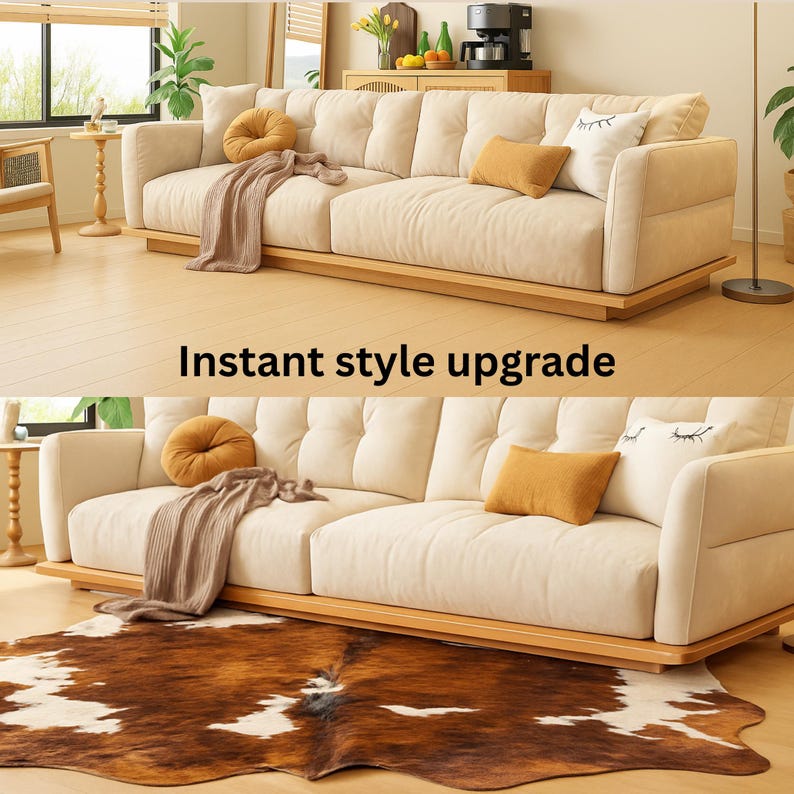 May include: A cream-colored, tufted sofa with a wooden base, adorned with throw pillows in shades of orange and white. A brown throw blanket and a cowhide rug add texture. The text "Instant style upgrade" is displayed.