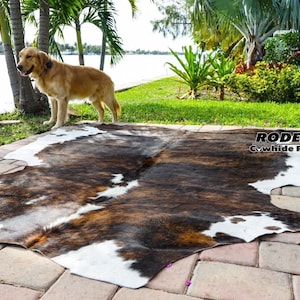 May include: A cowhide rug with a brown, white, and tan pattern is displayed outdoors. The rug is rectangular with irregular edges. The text "RODEO Cowhide Rugs" is visible on the rug. A golden retriever dog stands nearby.