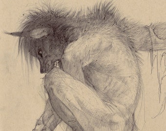 PRINT - Werewolf going through some changes - ball point pen drawing