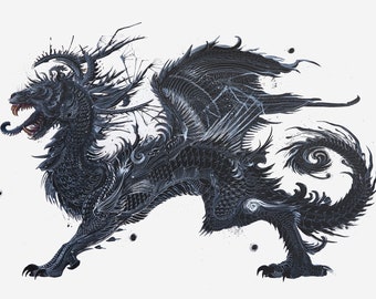 Midnight Fu Dragon |  hand-embellished artwork - limited edition print - black and white