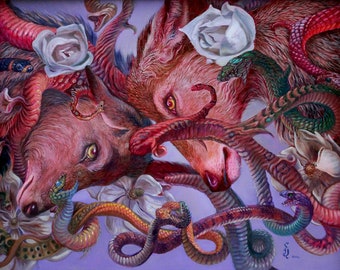 PRINT | Slowly but Surley - Male deer fighting with antlers, snakes, and flower crowns