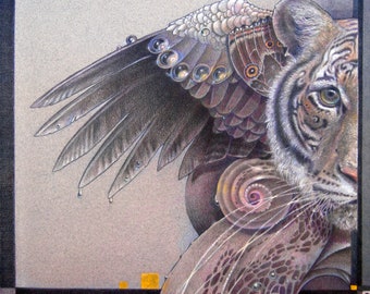 PRINT | Gold and Jewels - Tiger with large vulture wings and jeweled butterfly motifs.