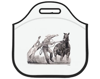 Neoprene Lunch Bag - calf roping horse riding rodeo original artwork from Dantel Art LLC