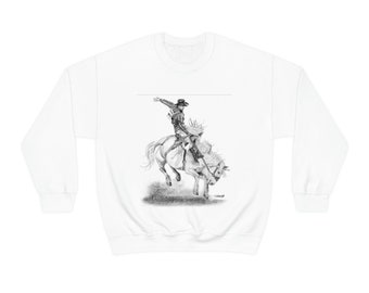 Unisex Heavy Blend Crewneck Sweatshirt - Rodeo Bronc Busting Cowboy Horse Riding Original Artwork from Dantel Art LLC