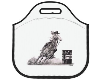 Neoprene Lunch Bag - cowgirl horse riding barrel, racing rodeo original artwork from Dantel Art LLC