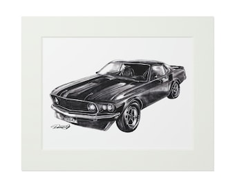 Fine Art Prints (Paper Frame) - 1969 Ford Mustang 429 Boss John Wick Original Automotive Car Artwork from Dantel Art LLC