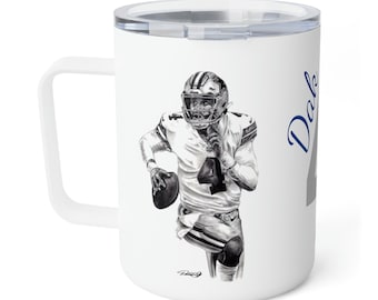 Insulated Coffee Mug, 10oz - Dak Prescott Dallas Cowboys Quarterback Original Football Sports Artwork from Dantel Art LLC