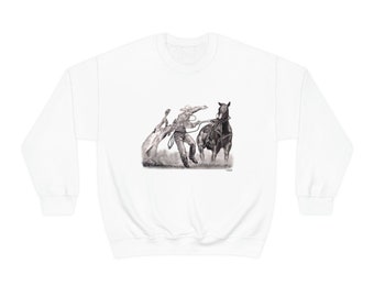 Unisex Heavy Blend Crewneck Sweatshirt - Rodeo Calf Roping Cowboy Horse Riding Original Artwork from Dantel Art LLC