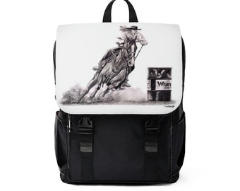 Unisex Casual Shoulder Backpack - Rodeo Cowgirl Horse Barrel Racing Original Artwork from Dantel Art LLC