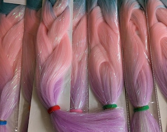 Turqoise, sugar pink and lilac tinsel ombre three tone hair extensions