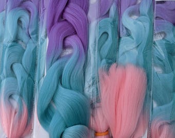 CATFACE hair PURPLE mint & sugar pink - three tone ombre -  30 inches braiding hair - glow in the dark