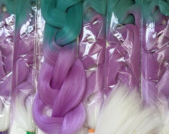 CATFACE hair - turquoise & lilac cloud - three tone ombre -  30 inches braiding hair - glow in the dark