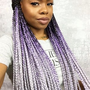 May include: A woman with long, ombre braids that transition from black to silver to purple. The braids are styled in a straight, flowing style.