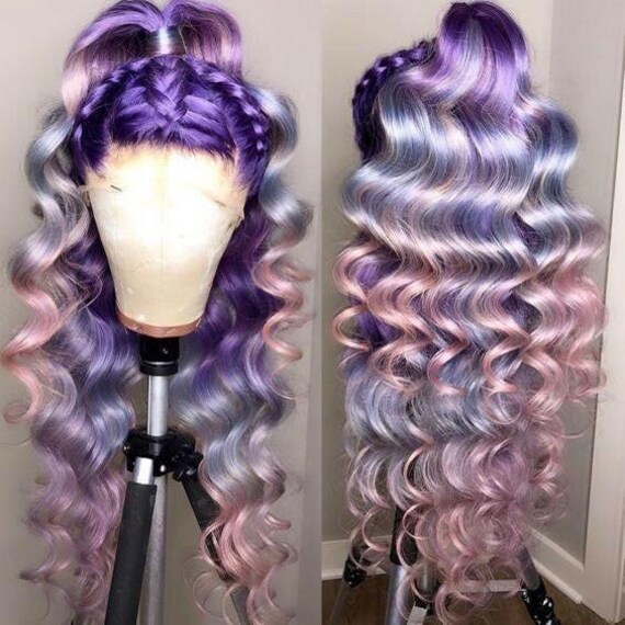Lilac Purple Silver Lace Front Wig Lilac Lace Front Wig: Long Straight Human Hair Blend - Etsy main image 3