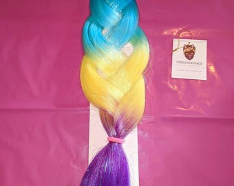 Mint blues, yellow and purple rainbow ombre hair extensions