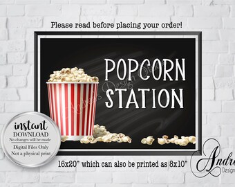 Popcorn Station Sign, Wedding Popcorn Station, Party Popcorn Station Sign, Party Decor, Chalkboard Style, Instant Download, Digital Files