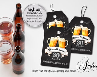 Cheers and Beers Tags, Birthday Thank You Tags, Favour Tags, 30 Years Anniversary/Birthday Tags, Instant Download, Digital Files