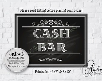 Cash Bar Sign, Wedding Bar Sign, Party Decor Sign, Graduation, Birthday, Retirement, Chalkboard Style, Instant Download, Digital Files