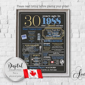 Personalized 30th Birthday Chalkboard Poster, 1988 Events & Fun Facts, Canadian Version, What Happened, 30 Years Ago, Digital Files