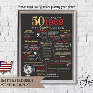 Personalized 50th Birthday Chalkboard Poster Design, 1969 Events & Fun Facts, 50th Birthday Gift, Digital Printable Files