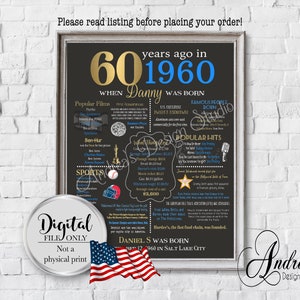 Puede incluir: Un póster imprimible en blanco y negro con fondo de pizarra. El póster celebra un 60º cumpleaños con el año 1960 en texto dorado y azul. El póster incluye información sobre películas, música y eventos populares de 1960. El póster también incluye una advertencia de que es un archivo digital únicamente.