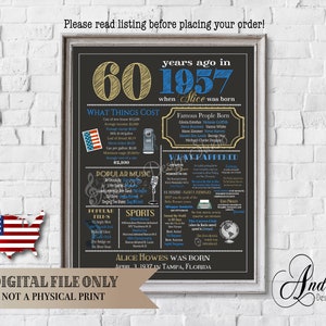 Personalized 60th Birthday Chalkboard Poster Design, 1957 Events & Fun Facts, 60th Birthday Gift, Digital Files