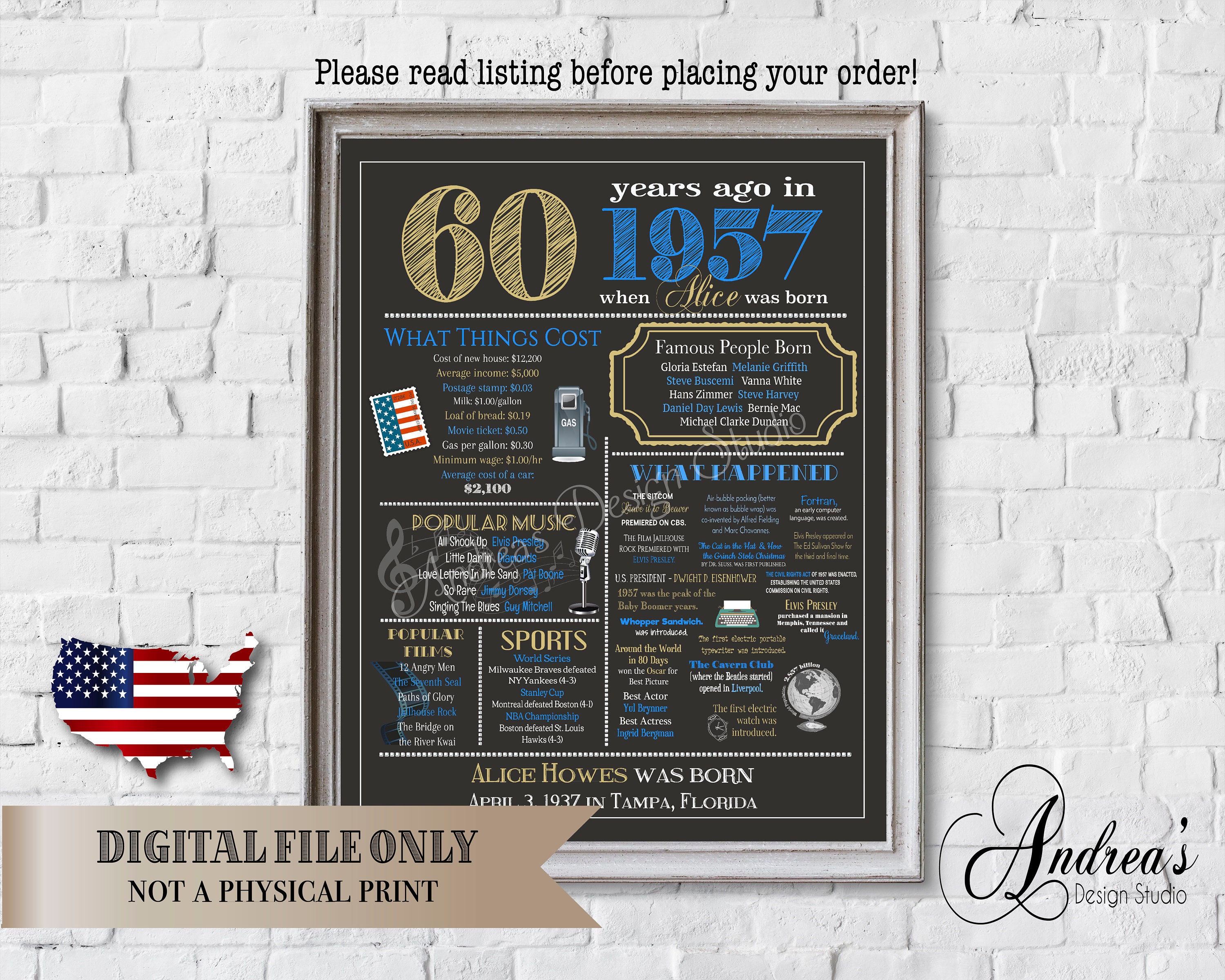 Personalized 60th Birthday Chalkboard Poster Design 1957 - Etsy