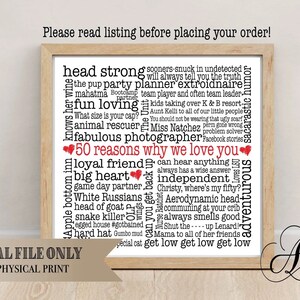 50 Reasons Why We Love You, Personalized Birthday Gift, Word Art,  Anniversary Gift, Retirement Gift, Graduation Gift, Digital Files
