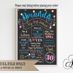 Impresión de cumpleaños personalizada, letrero para adultos (20.º, 30.º, 40.º y 50.º cumpleaños), decoración de cumpleaños, póster de cumpleaños estilo pizarra, archivos digitales