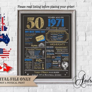 Personalized 1971 Birthday Chalkboard Design, 1971 Year In Review, Birthday Gift, 1971 Events & Fun Facts, Flashback, Digital Files