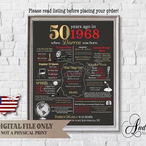 Personalized 50th Birthday Chalkboard Poster Design, 1968 Events & Fun Facts, 50th Birthday Gift, What Happened in 1968, Digital Files