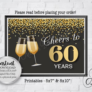Decoración para 60 años, decoración para fiesta de 60 cumpleaños, decoración para 60 aniversario, temática dorada y negra, 12,7 x 19,8 cm/20,3 x 25,4 cm, descarga instantánea, archivos digitales