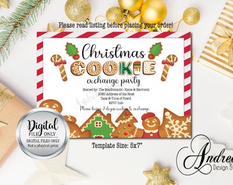 Puede incluir: Una invitación imprimible para una fiesta de intercambio de galletas de Navidad con un borde rojo y blanco a rayas. La invitación presenta galletas de jengibre, incluyendo una casa de jengibre, un hombre de jengibre y un bastón de caramelo. El texto de la invitación dice "Christmas Cookie Exchange Party".