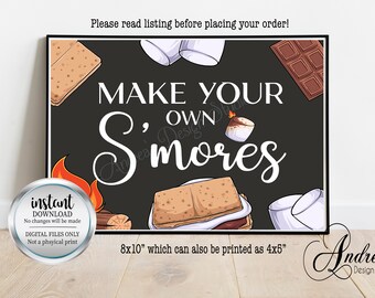 Puede incluir: Señal imprimible de 20,3 x 25,4 cm con fondo negro y texto blanco que dice "Haz tus propios S'mores". La señal presenta ilustraciones de galletas graham, cuadrados de chocolate y malvaviscos.
