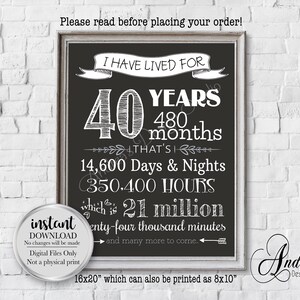 I Have Lived For 40 Jahre Countdown Poster, Timeline Poster, 40.Geburtstag, Geburtstagsparty Zeichen, Instant Download, digitale Dateien